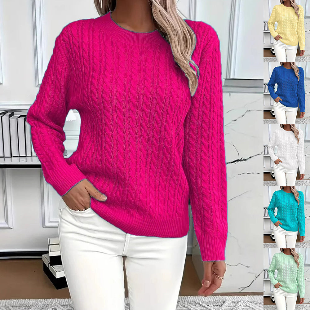 Twist Round Neck Pullover Sweater Fashion Solid Color Long-sleeved Knitted Top Koalakits36