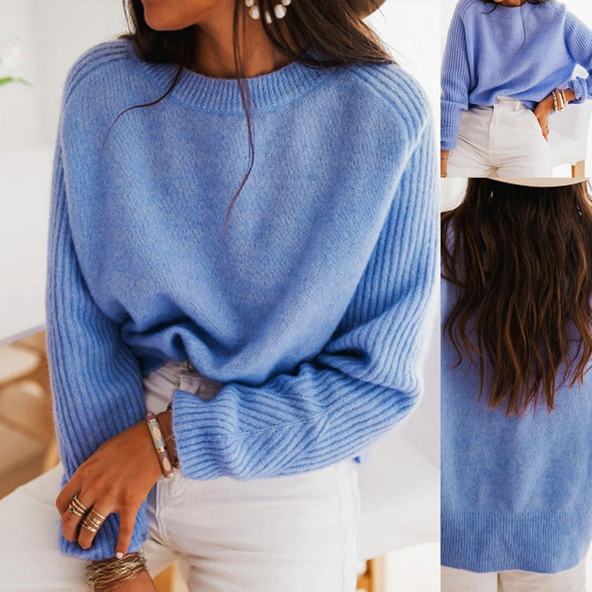 European Milk Blue Bedford Cord Sweater Women's Round-collar Long-sleeve Knitwear 