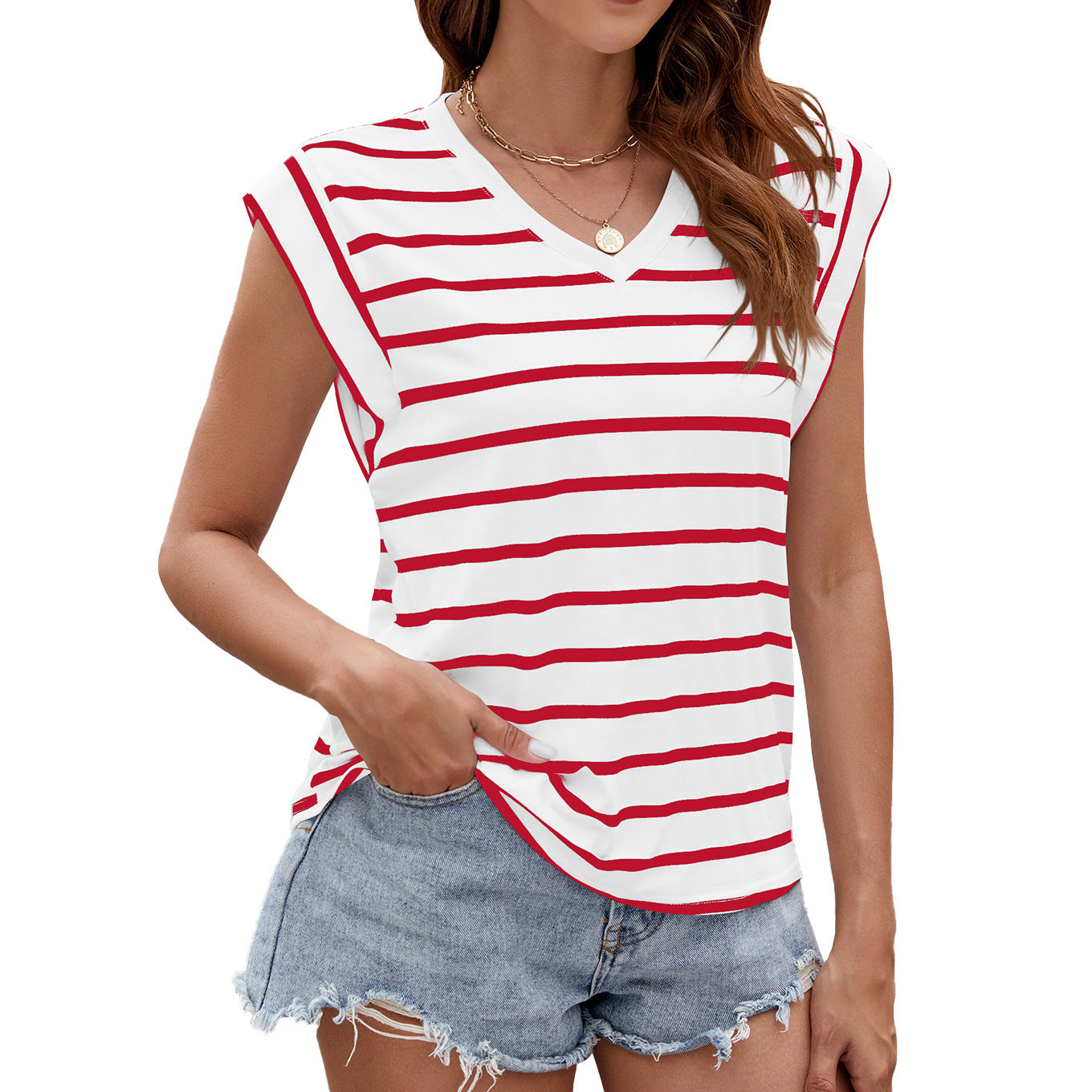 Stripe Print V-neck Short-sleeved T-Shirt Summer Loose Tank Top