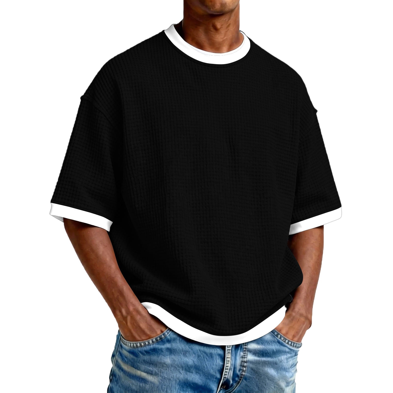 Men's Crew Neck Contrast Color Casual T-Shirt - Cotton Blend Lightweight Short Sleeve Top For Daily Wear