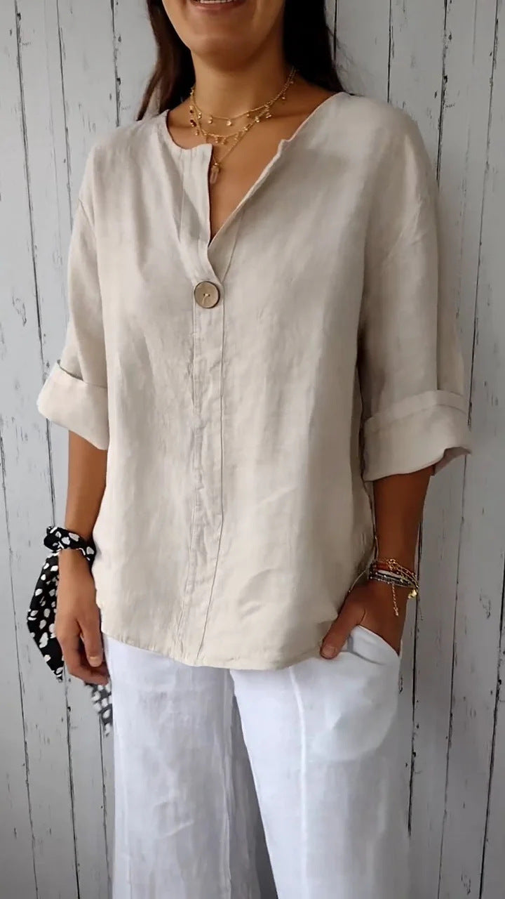 V-neck Long-sleeved T-shirt Fashion Loose Cotton And Linen Button Tops | Koalakits36