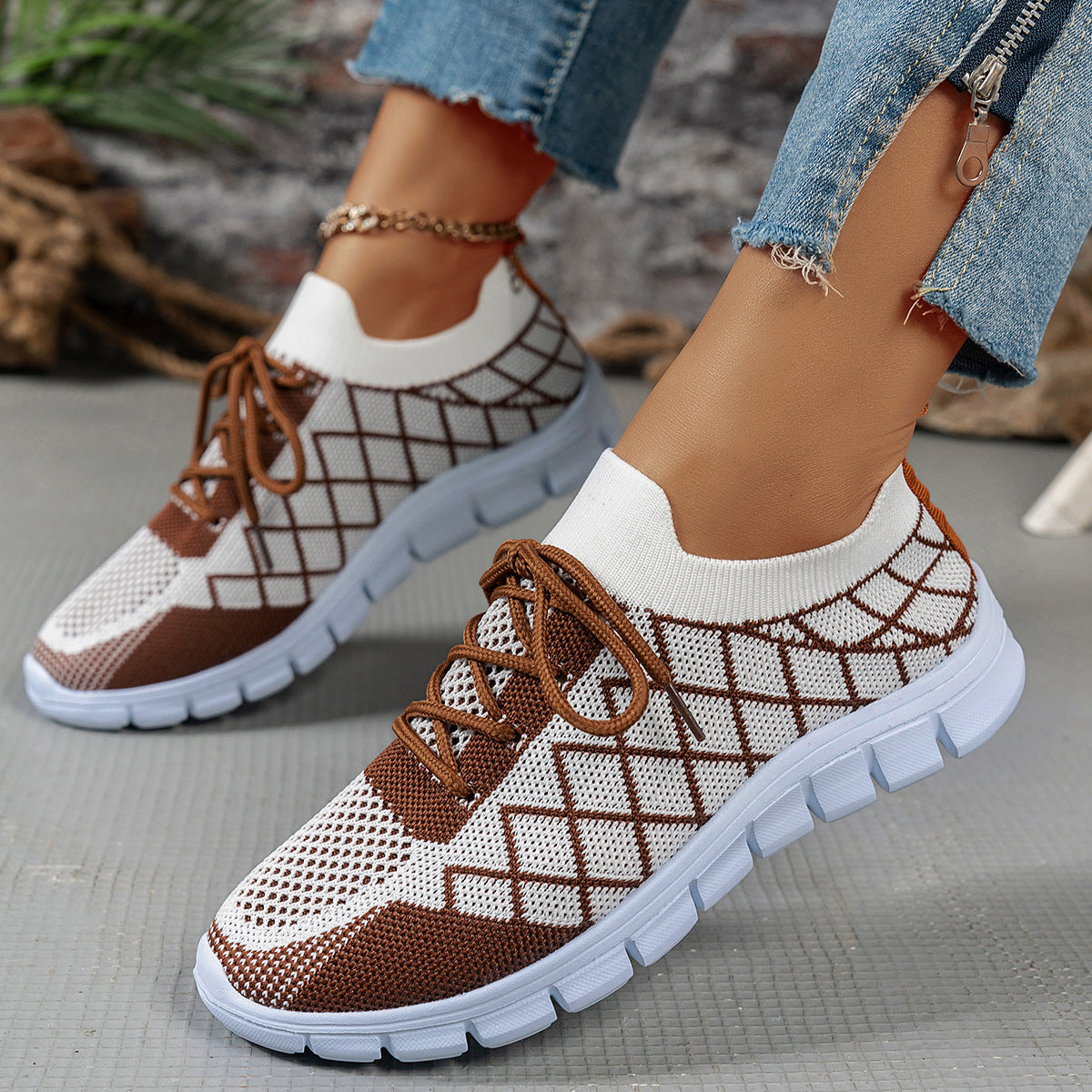 Colorblock Plaid Lace-Up Flyknit Sneakers Ins Mesh Casual Shoes Fashion Breathable | Koalakits36