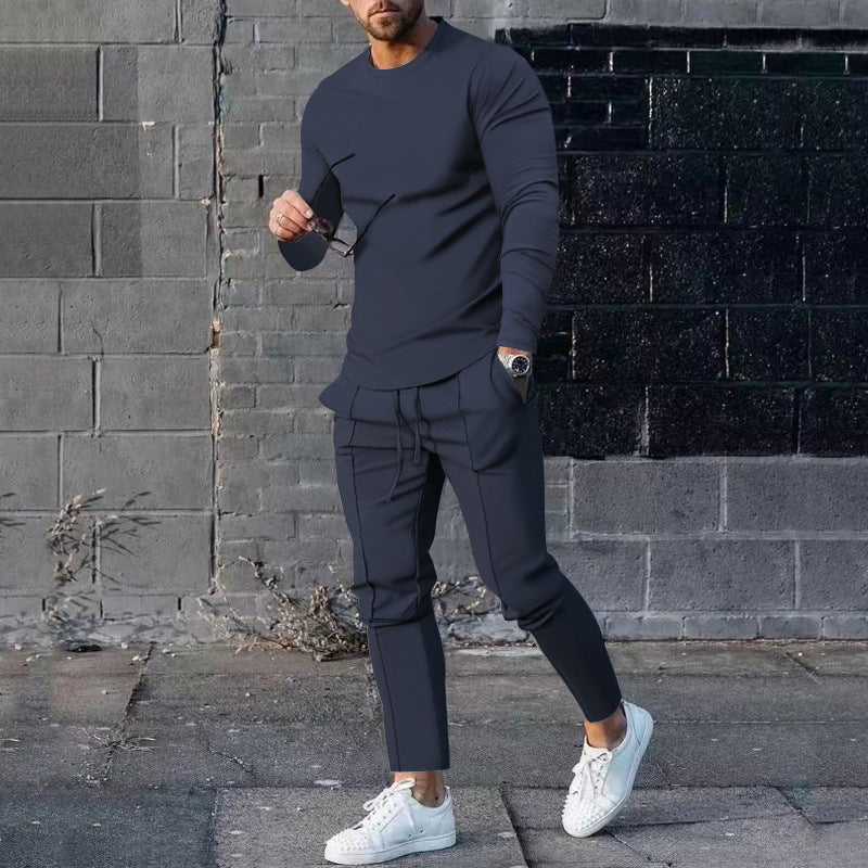 Men's Long-sleeved Suit Slim Crew Neck Pullover T-shirt And Pockets Drawstring Pants Casual Trousers Koalakits36