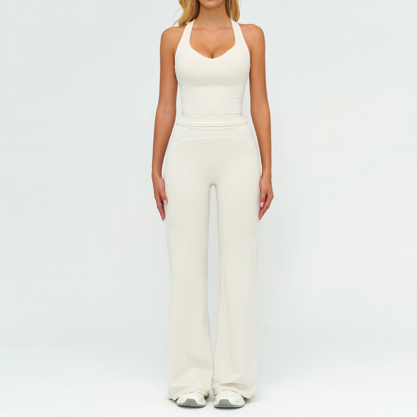 Womens Yoga Set V-neck Sleeveless Tops And Slim Straight Pants Summer Gym Sports Clothing