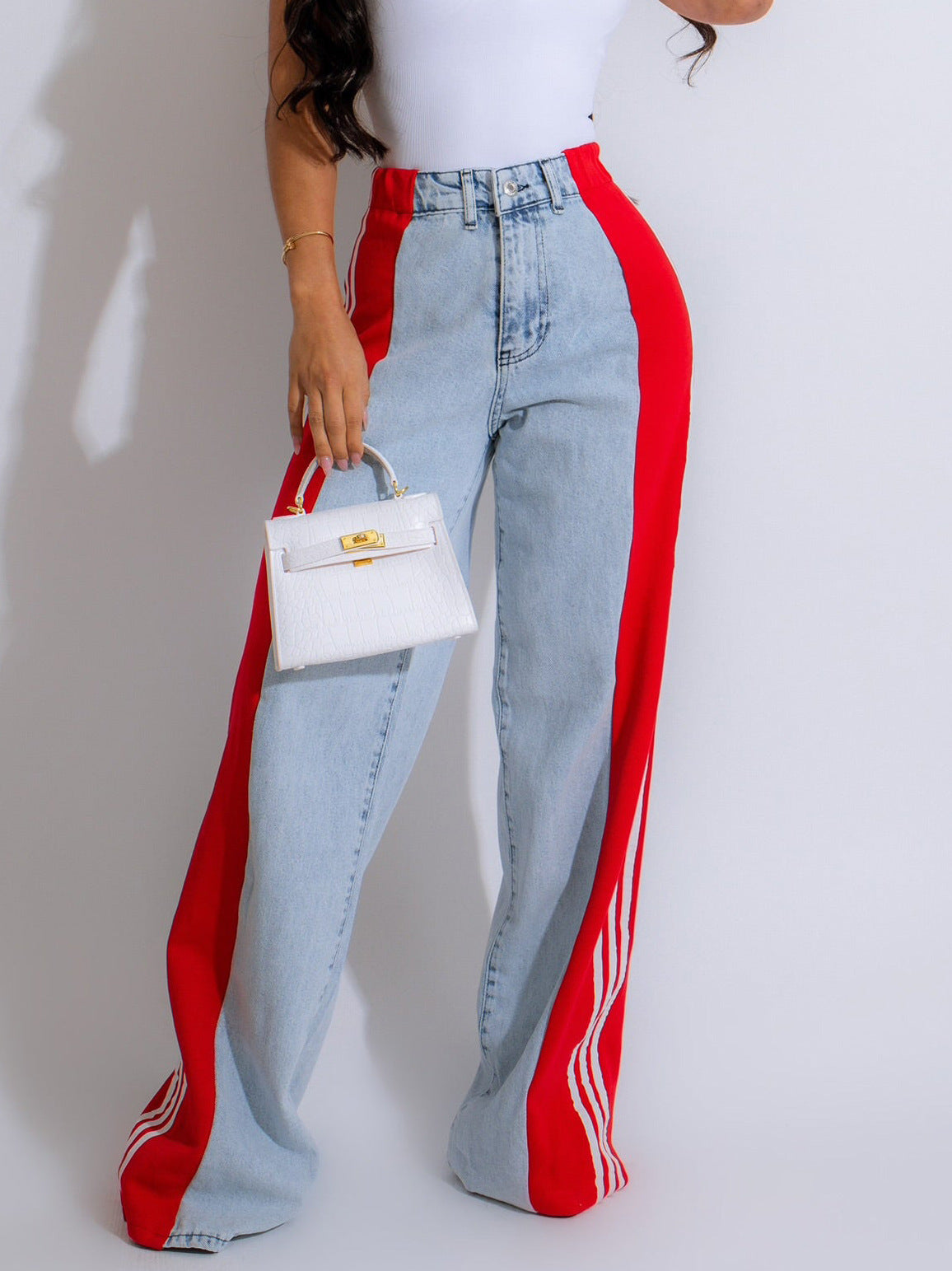 Fashion Casual High Waist Elastic Straight Leg Trousers Three Stripe Patchwork Denim Wide Leg Pants