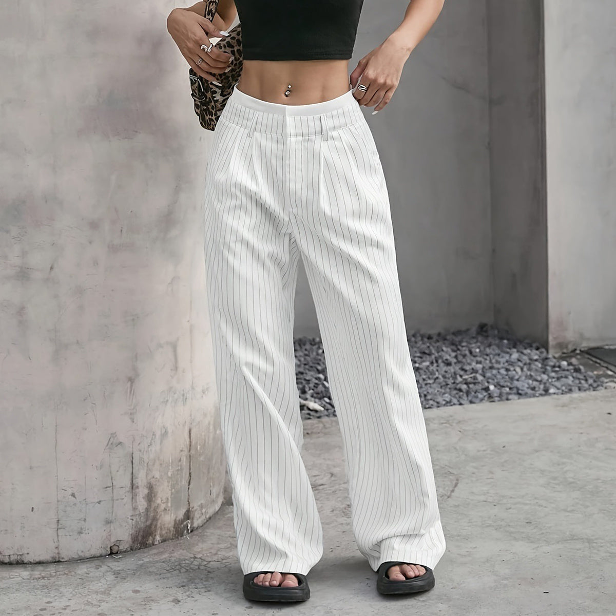 Stripe Printed Trousers Fashion High Waist Straight Leg Pants With Pocket Zipper Casual  | Koalakits36