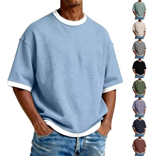 Men's Crew Neck Contrast Color Casual T-Shirt - Cotton Blend Lightweight Short Sleeve Top For Daily Wear