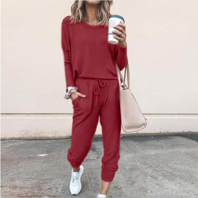 Women's Long Sleeve Suit Fashion Pullover Top And Pockets Drawstring Long Pants Solid Color Casual Sports Trouser Suit Clothing Koalakits36