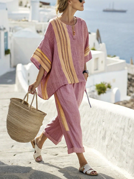 Summer Striped Suits Loose Batwing Sleeve T-shirt And Solid Straight-leg Pants | Koalakits36