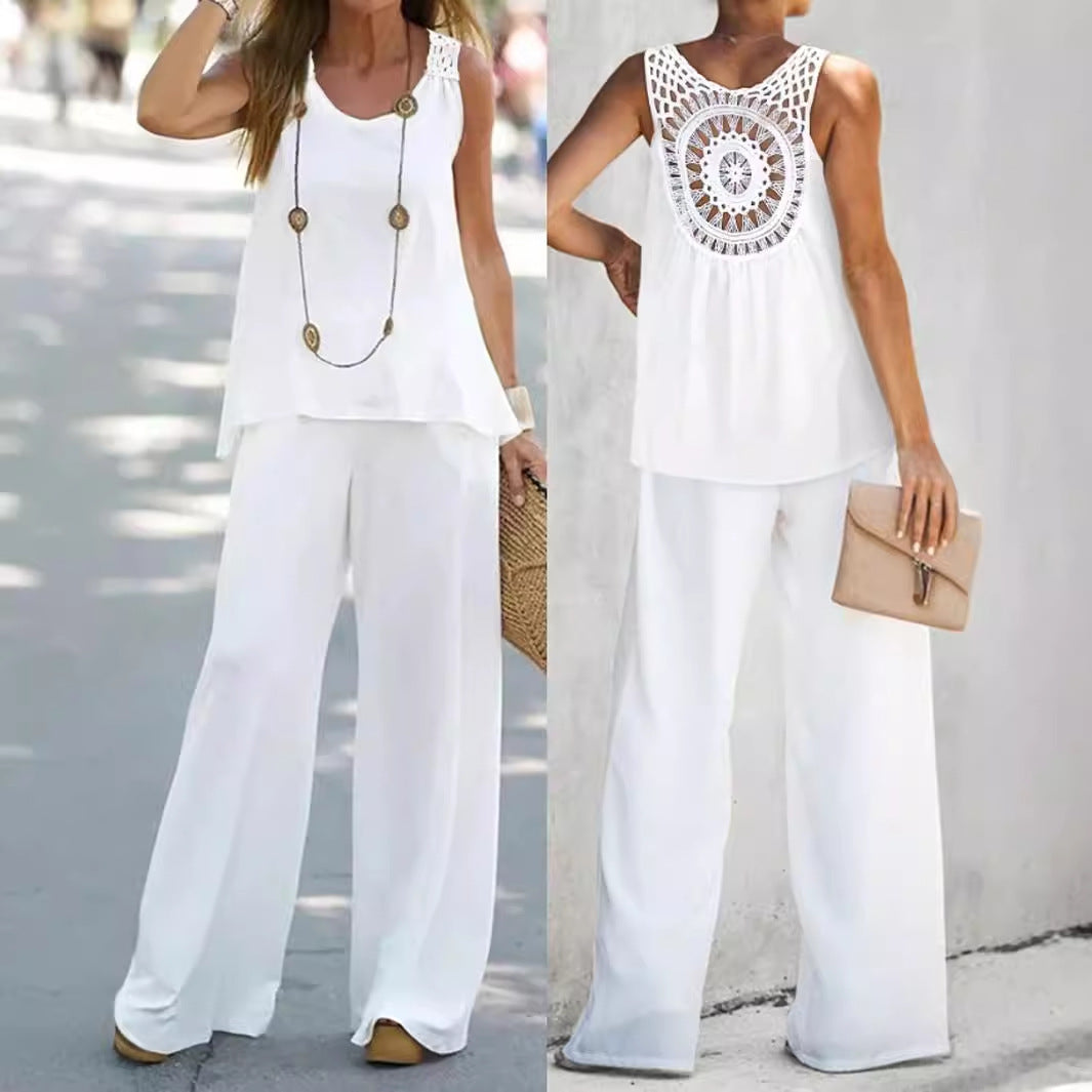 2 Pieces Set Women's Sleeveless Solid Color Back Hollow Lace Suit Summer Trendy Casual Top Wide Leg Pants Set For Daily Wear Holiday Outfit