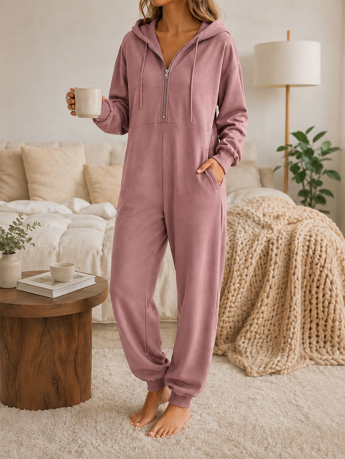 Hooded Zip-Up Jumpsuit for Women – Relaxed Full-Length Casual Style