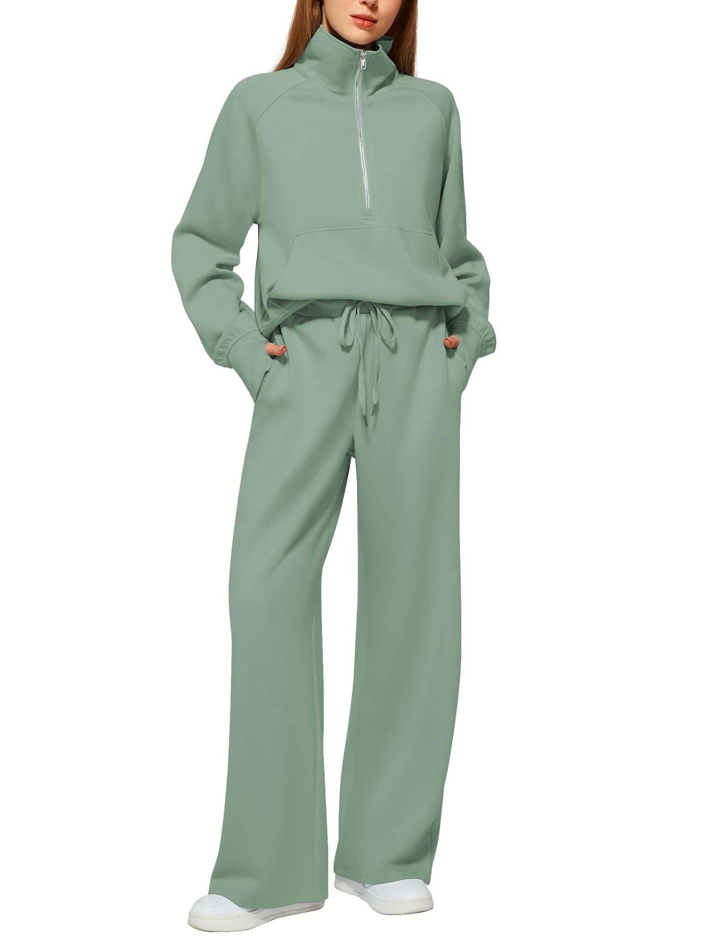 Women’s Solid Color Half-Zip Sweatshirt & Wide Long Pants