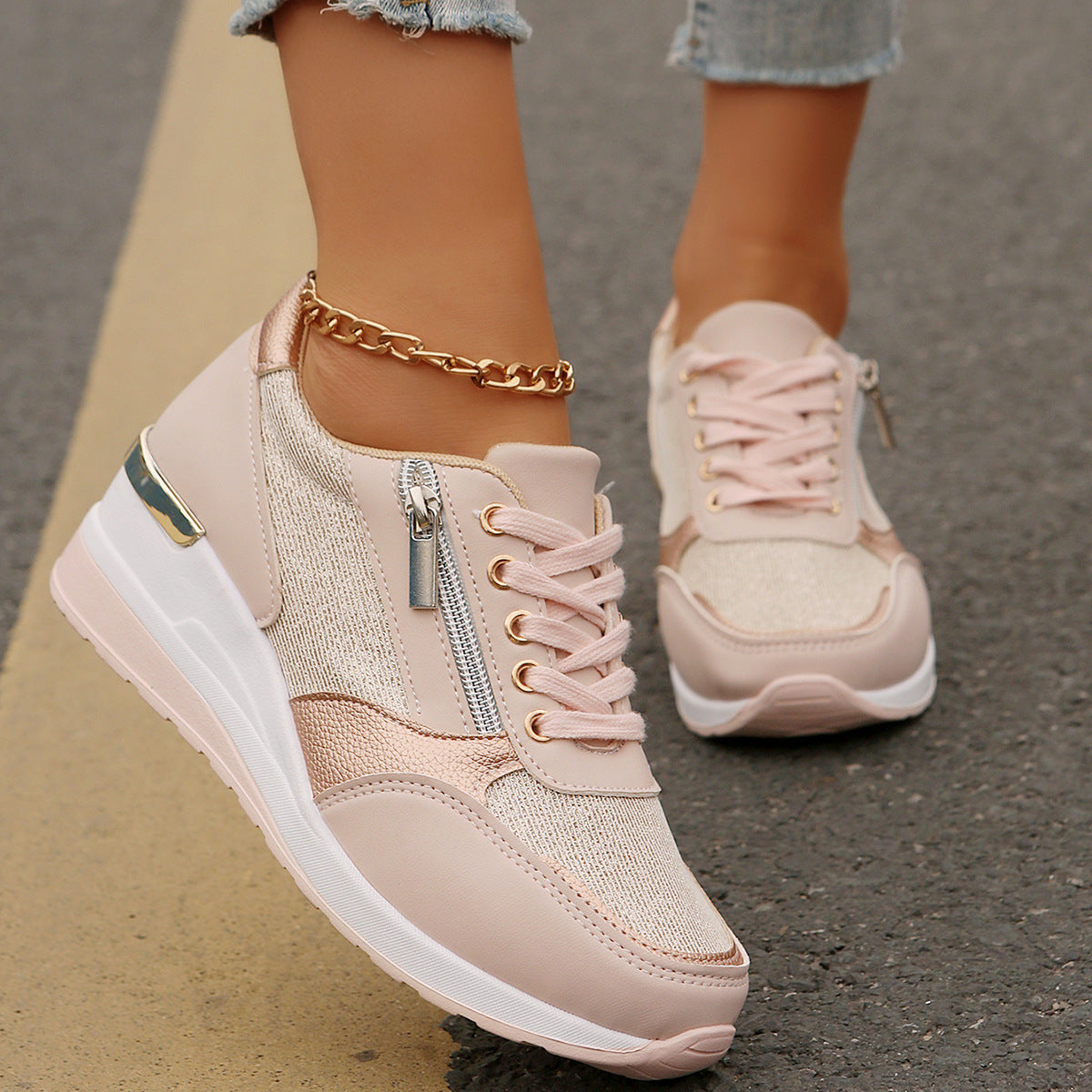 Women's Lace-up Casual Shoes Fashion Side Zipper Design Thick-soled Shoes Walking Running | Koalakits36