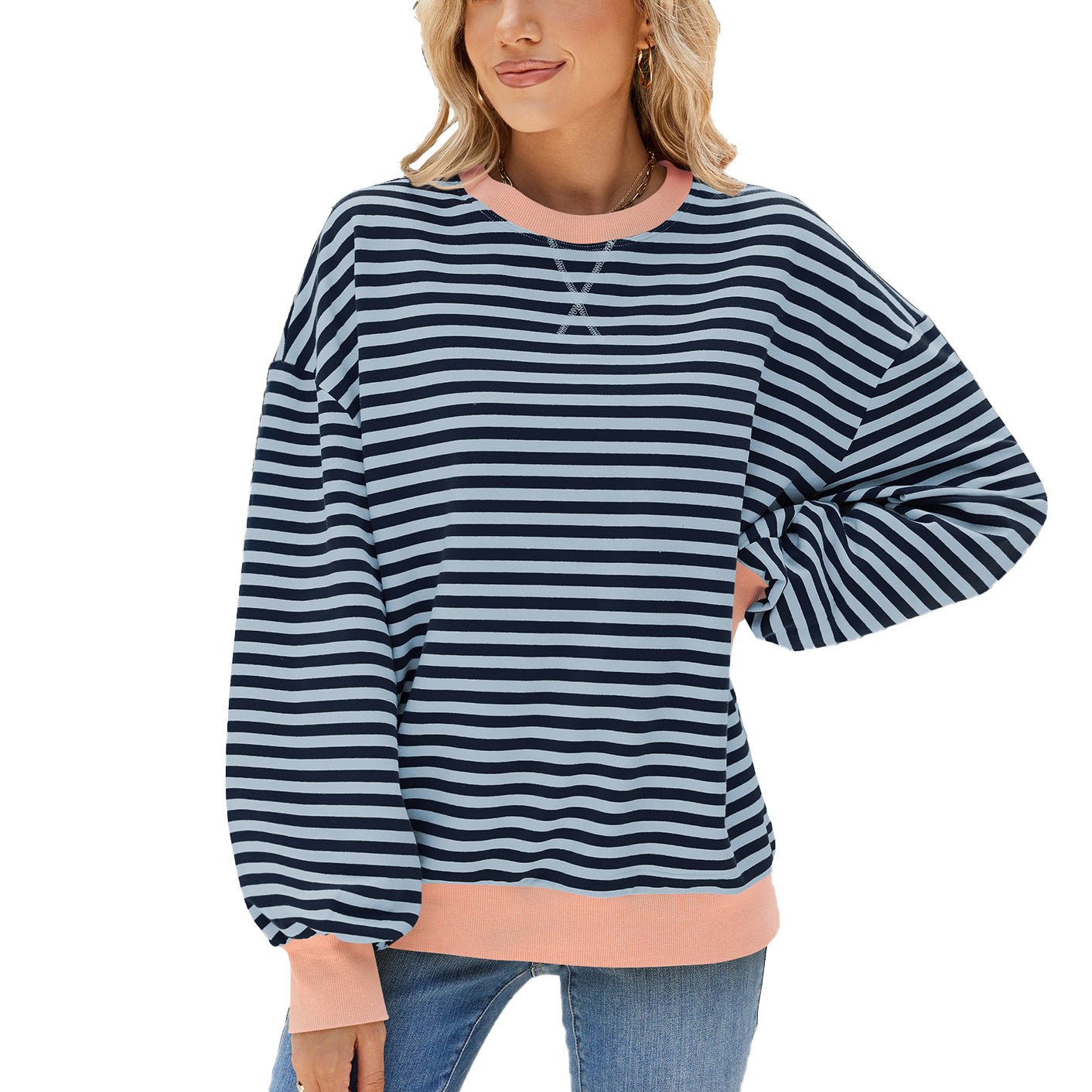 Women's Stripes Round Neck Contrast Color Loose Long Sleeve Sweatshirt