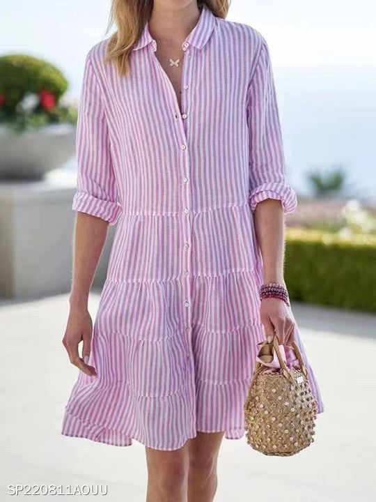 Striped Long-sleeved Shirt Dress Fashion Lapel Button Dresses For Women | Koalakits36