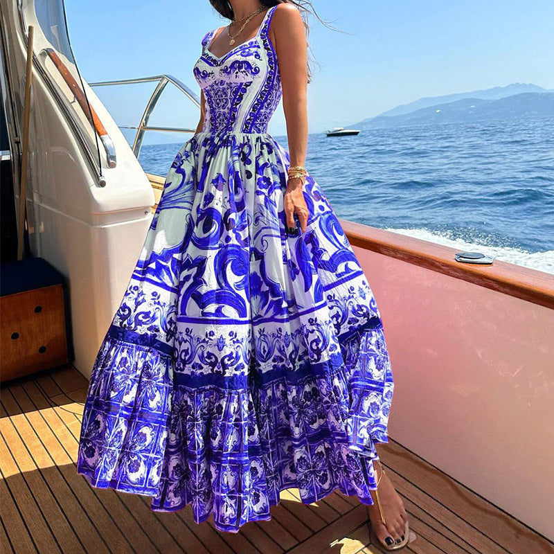 Printed Sleeveless Dress Fashion Spaghetti Waist-controlled Large Hem Dresses For Women | Koalakits36