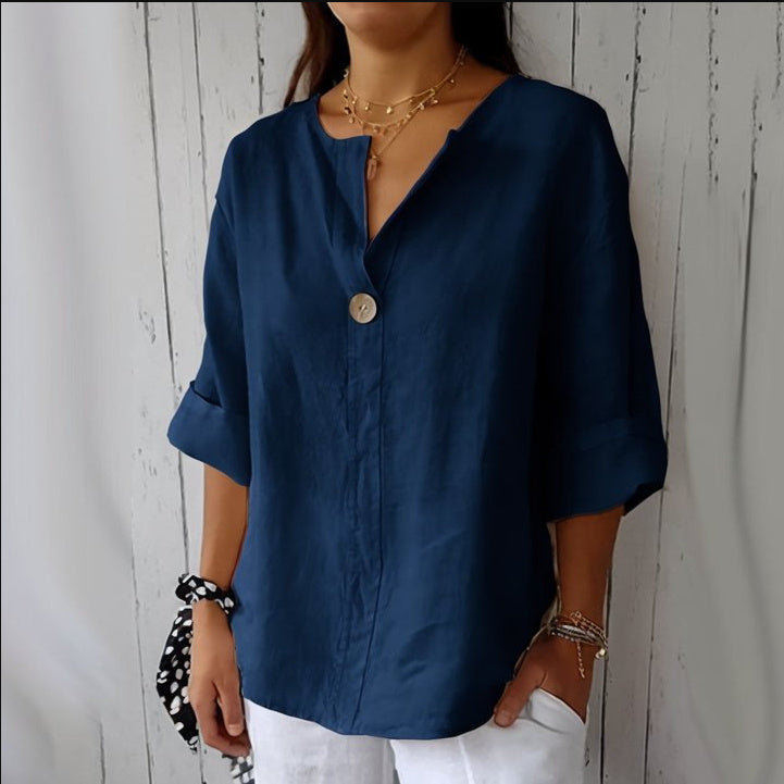 V-neck Long-sleeved T-shirt Fashion Loose Cotton And Linen Button Tops | Koalakits36
