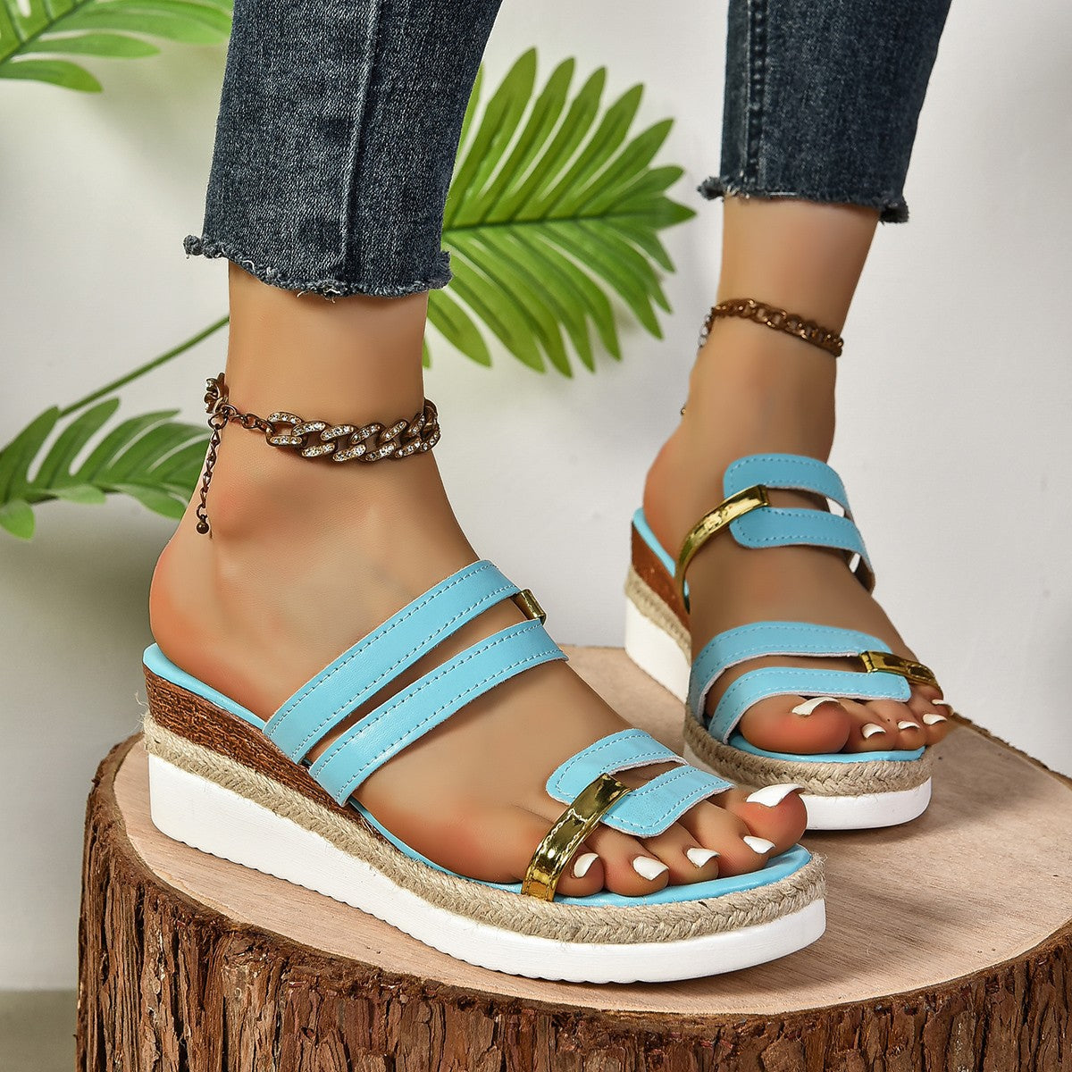 Color block-strap Wedges Sandals Summer Fashion Hemp Heel Slides Slippers Outdoor Thick Bottom Fish Mouth Shoes For Women