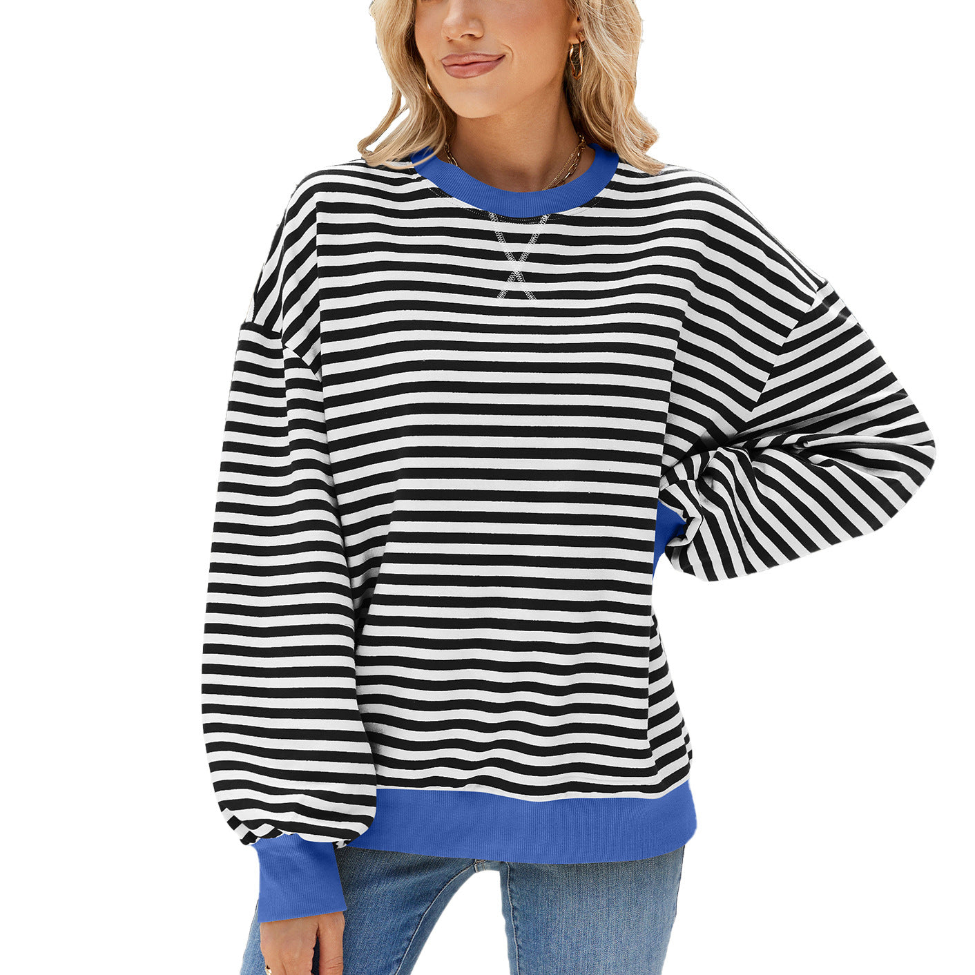 Women's Stripes Round Neck Contrast Color Loose Long Sleeve Sweatshirt