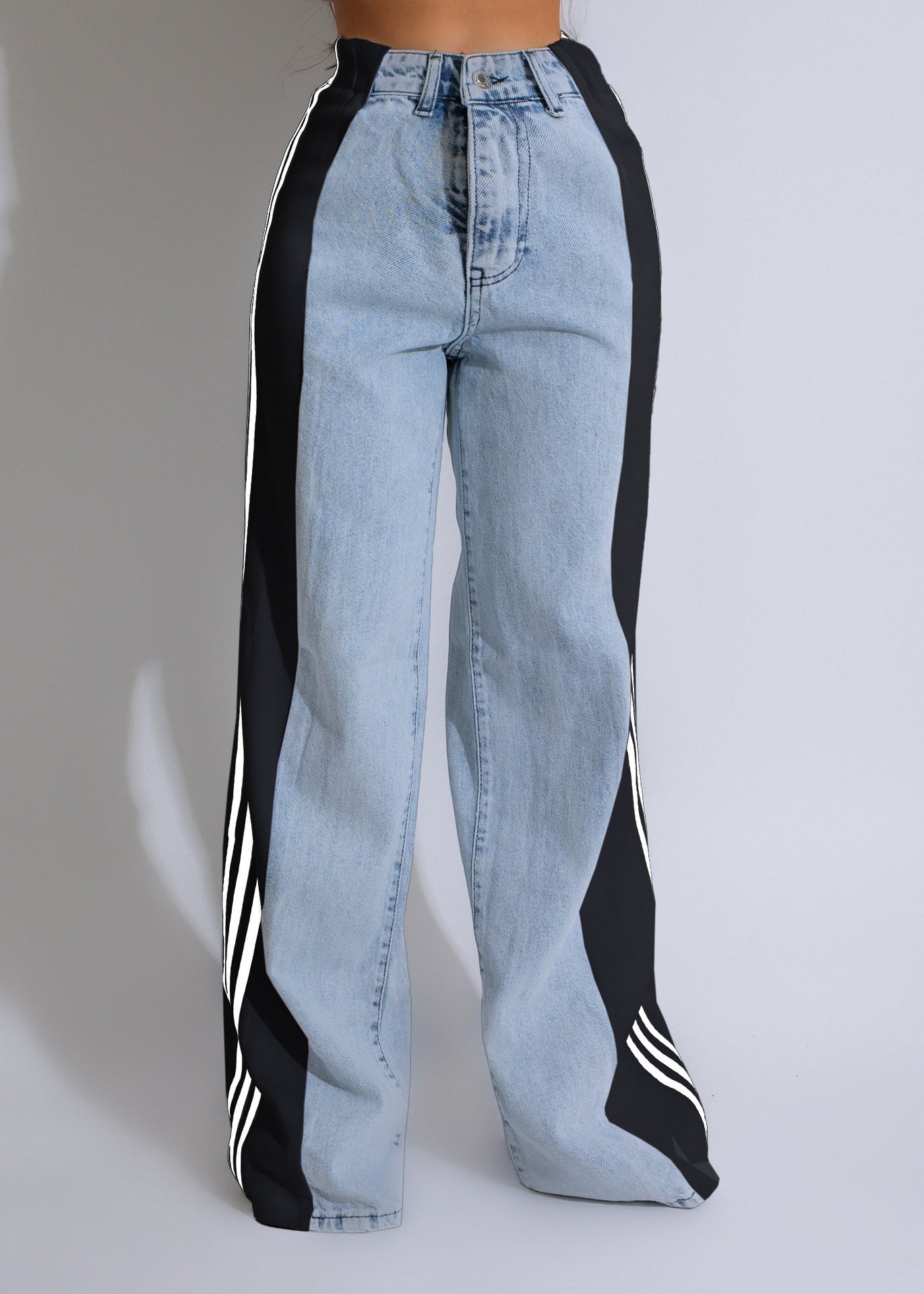 Fashion Casual High Waist Elastic Straight Leg Trousers Three Stripe Patchwork Denim Wide Leg Pants