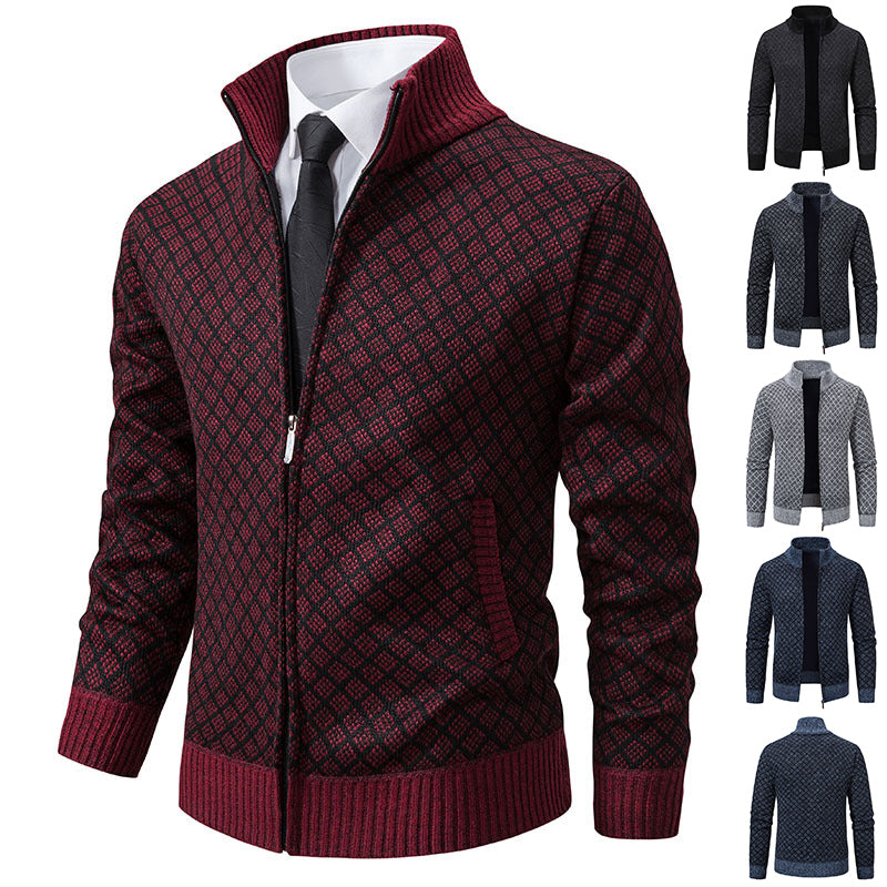 Thickened Plaid Print Jacket Cardigan Fashion Slim Fit Zipper Stand Collar Sweater Winter Men's Casual Long Sleeve Koalakits36