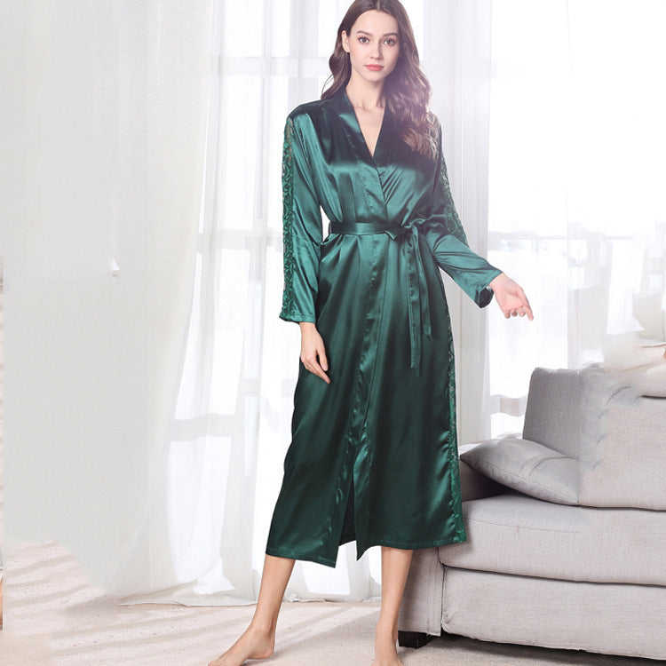 Fashion Ladies Pajamas Imitation Silk Nightgown Lace Sexy Long Nightgown Bathrobe | Koalakits36