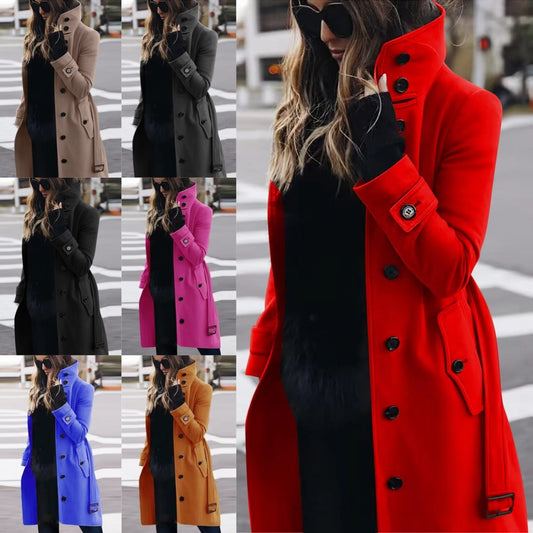 Woolen Winter Coat Women's Slim Fit Cardigan Large Coat with Long Sleeve Single Breasted Stand Collar Koalakits36