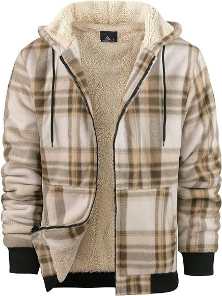 Men's Plaid Print Hooded Zip-Up Jacket Winter Thickened Cotton-padded Coat Warm