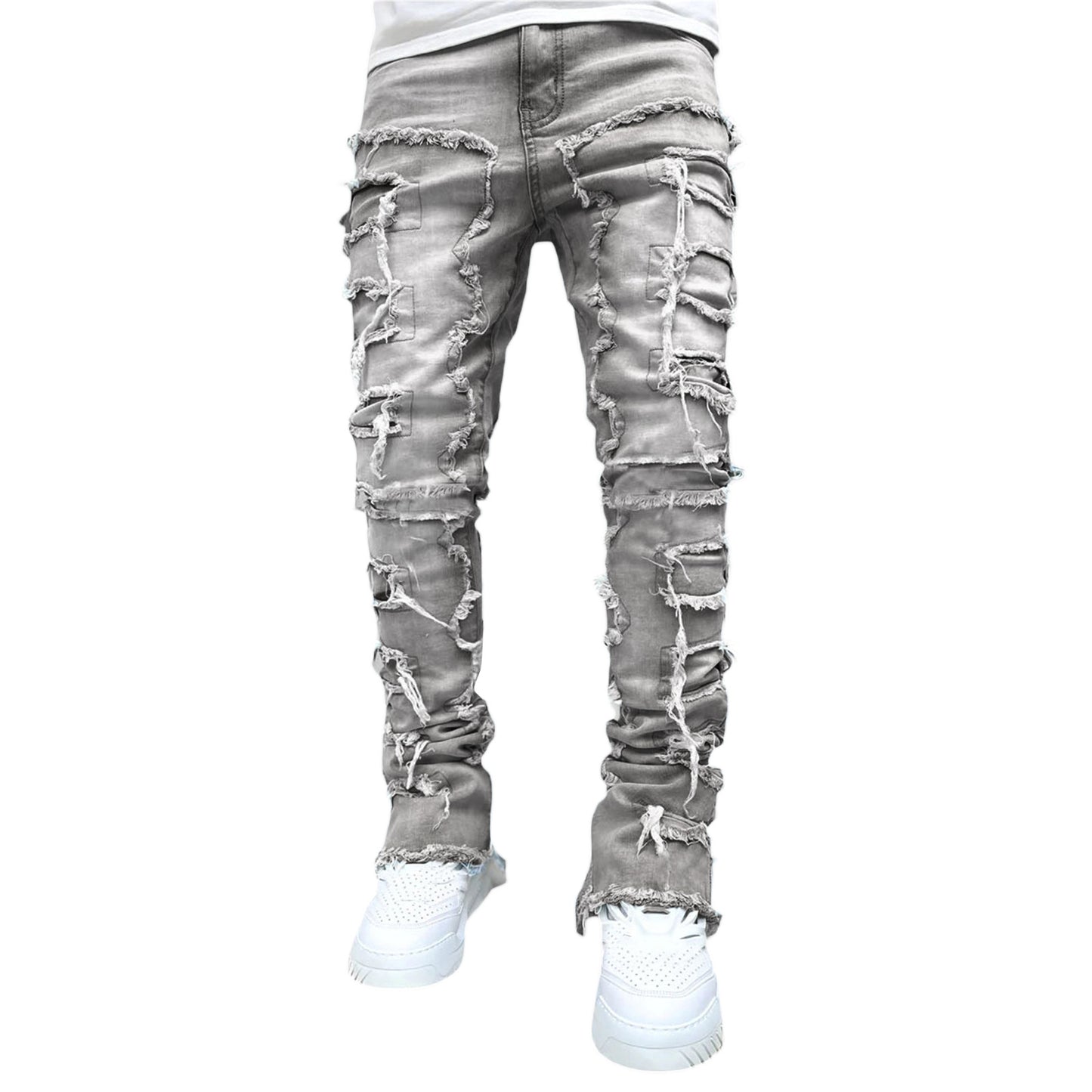 Fringes Ripped Trousers Individual Patched Pants Long Tight Fit Stacked Jeans For Mens Clothing Koalakits36