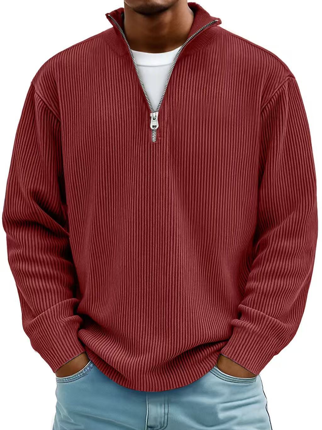 Corduroy Zipper Stand Collar Sweatshirt Fashion Warm Solid Color Long Sleeve Top Men's Casual Polo Shirt Koalakits36