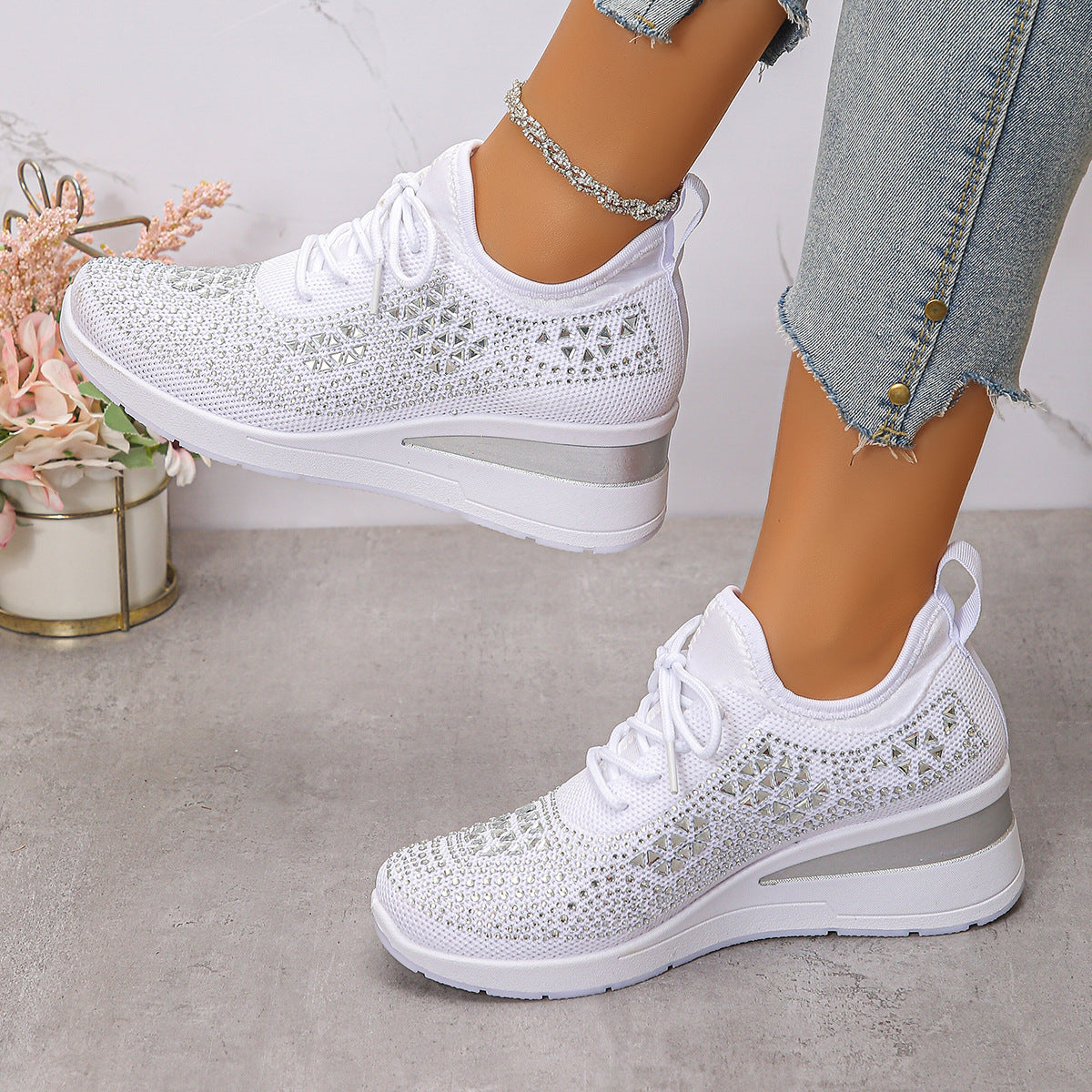 Rhinestone Sneakers Fashion Lace Up Wedges Casual Shoes Women's Daily Commuting Sports Shoes Koalakits36