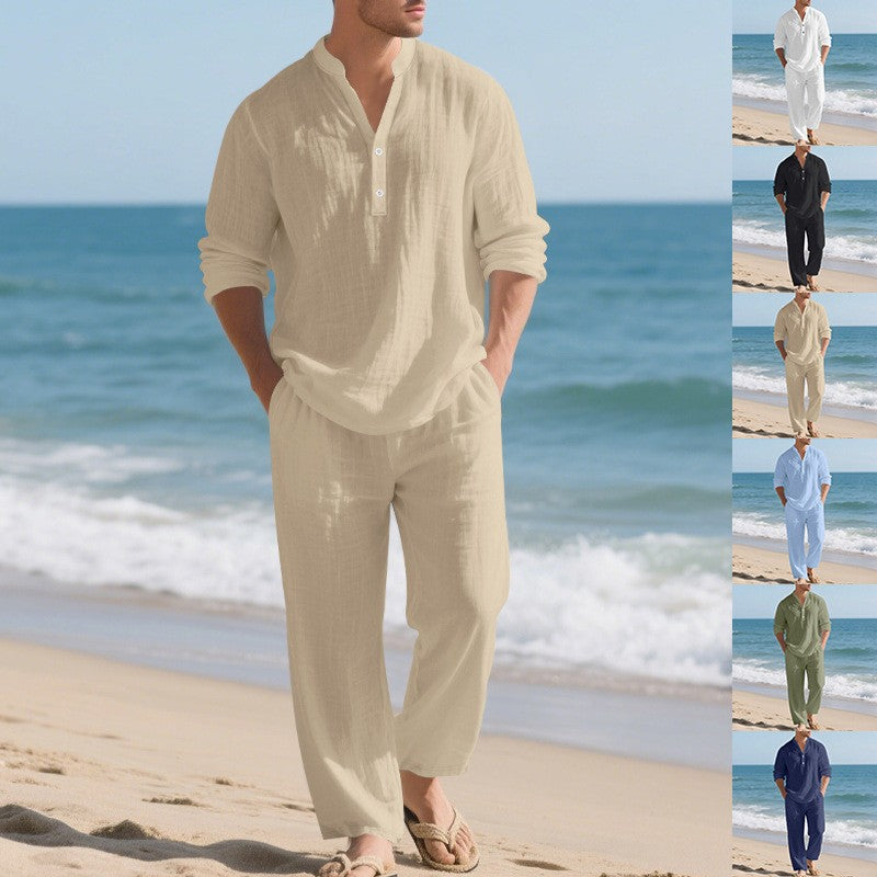Mens Loose-Fit Long-sleeved Suit Casual Breathable V-Neck Henley Shirt And Long Pants Set Beach Clothing