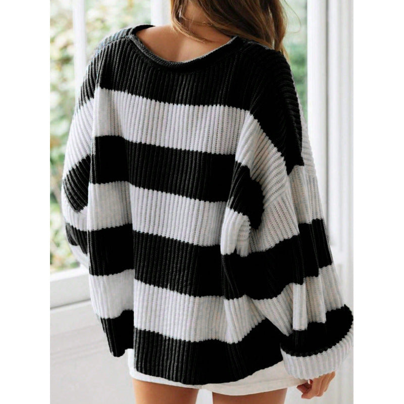 Loose Striped Sweater Fashion Casual Long Batwing Sleeve Round Neck Pullover Knit Tops Koalakits36
