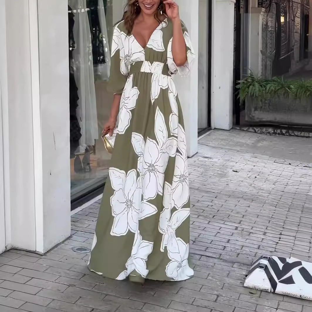 Flower Printed V-neck Batwing-sleeved Dress Fashion Elegant  Backless | Koalakits36