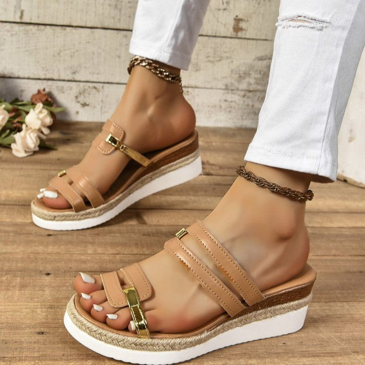 Color block-strap Wedges Sandals Summer Fashion Hemp Heel Slides Slippers Outdoor Thick Bottom Fish Mouth Shoes For Women