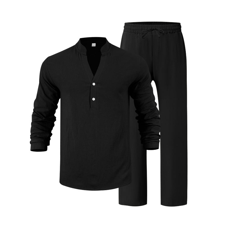 Mens Loose-Fit Long-sleeved Suit Casual Breathable V-Neck Henley Shirt And Long Pants Set Beach Clothing