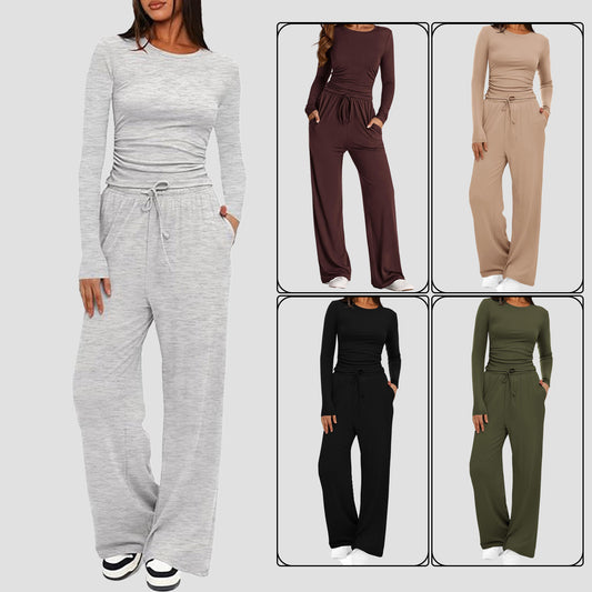 Women's Casual Suit Long Sleeve Tops High Waisted Wide Leg Pants Sportswear Clothes Solid Color | Koalakits36