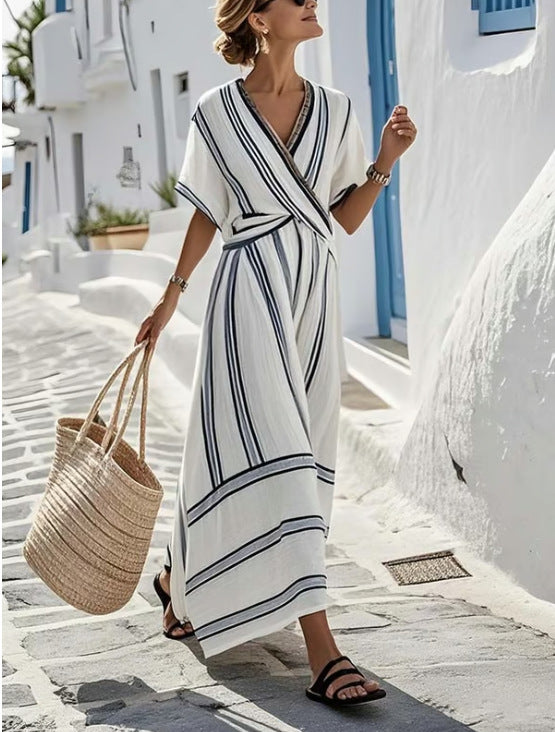 Casual Loose Retro Striped Print Holiday Dress Summer Short Sleeve V Neck Robes Dress Boho Beach Pleated A-Line Long Dress Woman