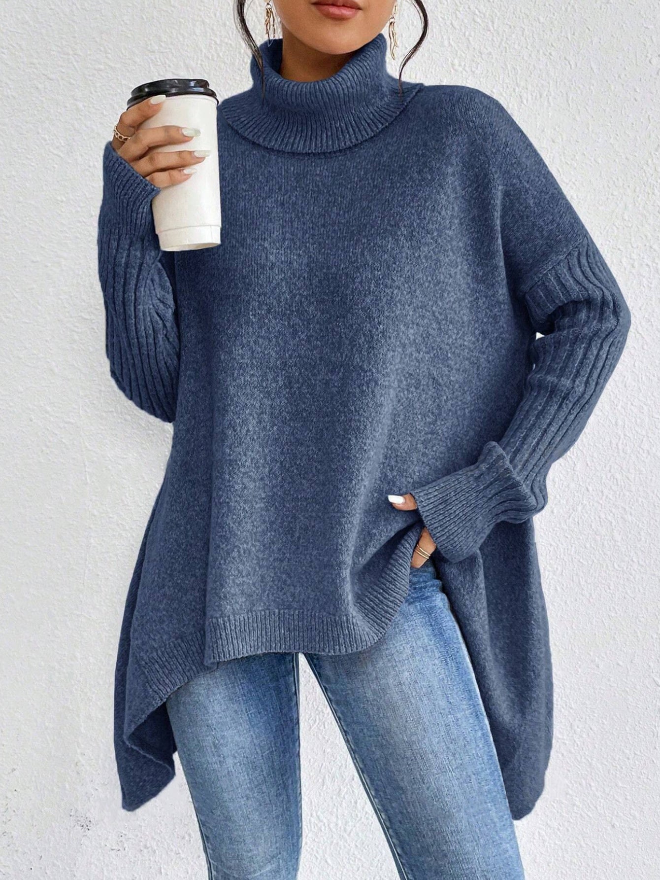 Irregular Turtleneck Sweater Winter Loose Long Sleeve Knitted Tops Leisure Warm Pullover Sweater Koalakits36