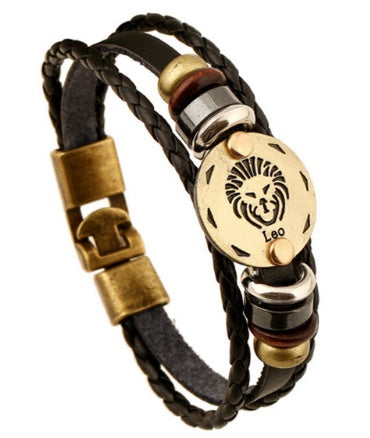 12 Zodiac Constellation Leather Bracelet – Stylish Metal Sign Charm & Beaded Wristband for Men and Women