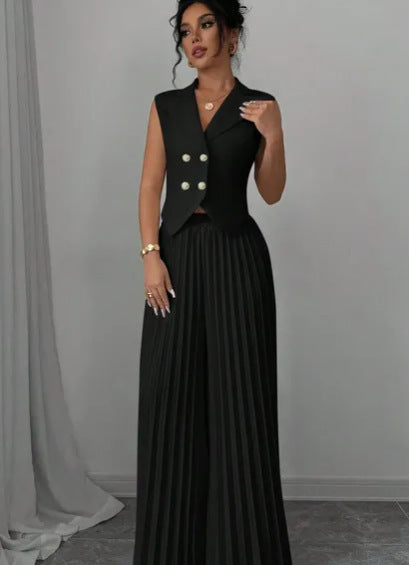 Summer Sleeveless Suit Fashion Lapel Button Vest Top And Pleated Straight Pants | Koalakits36