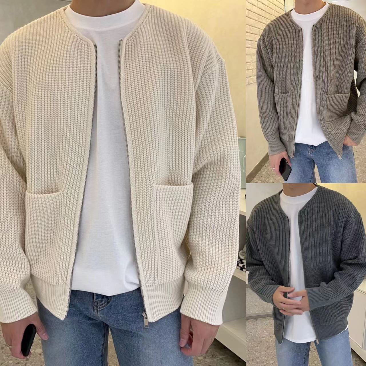 Men Zip Up Knitted Cardigan Lined Funnel Neck Jumper Sweater Pockets Coat All Seasons