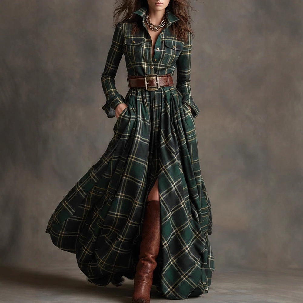 Plaid Print Long-Sleeved Dress Fashion Pockets Collared Buttons Shirt Long Dresses Retro Koalakits36