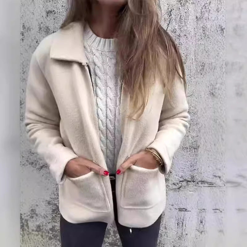 Lapel Zipper Jacket With Pockets Fashion Solid Color Coat Fall Winter