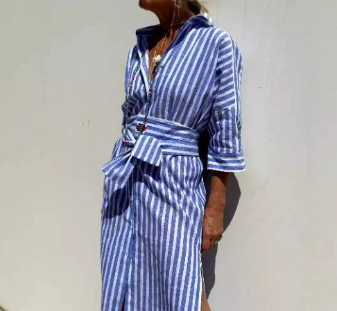 Striped Shirt Dress With Belt Fashion Half-sleeved Lapel Button Cardigan Dresses