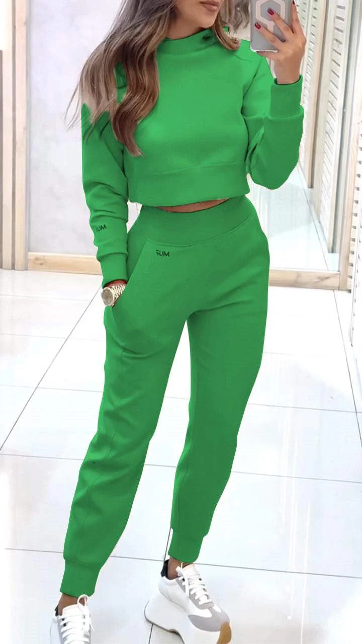 Sports Suit Fashion Pullover Long-sleeves Short Top And Slim Trousers With Pockets Solid Outfits Women's Clothing