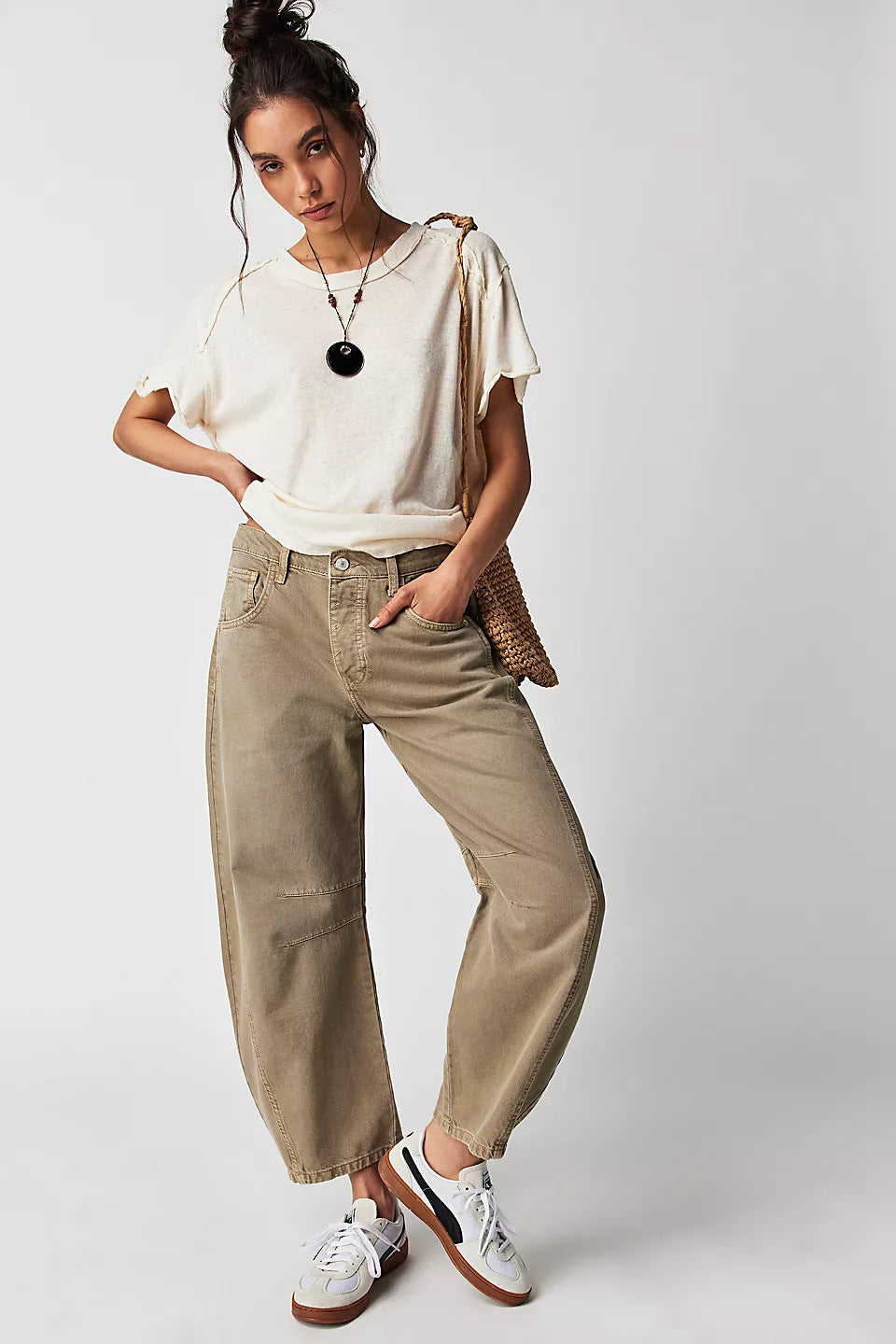 High Stretch Mid-Rise Barrel Jeans Fashion Wide Leg Shape Women Casual Baggy Mid Waist  | Koalakits36