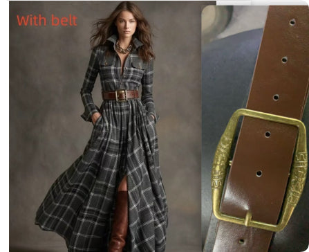 Plaid Print Long-Sleeved Dress Fashion Pockets Collared Buttons Shirt Long Dresses Retro Koalakits36