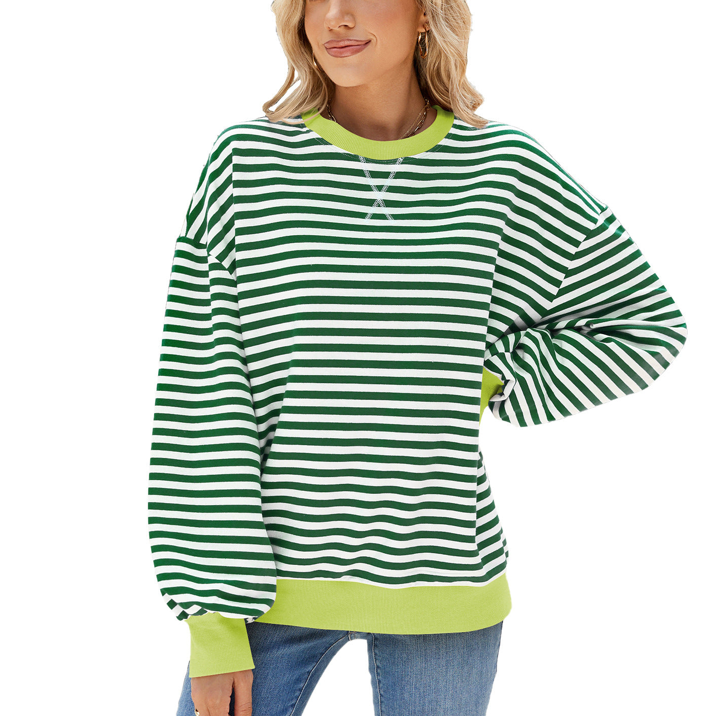 Women's Stripes Round Neck Contrast Color Loose Long Sleeve Sweatshirt