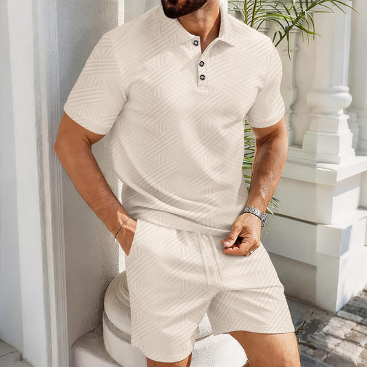 Solid-color Jacquard Short-sleeve Polo Shirt And Shorts Casual Two-piece Set